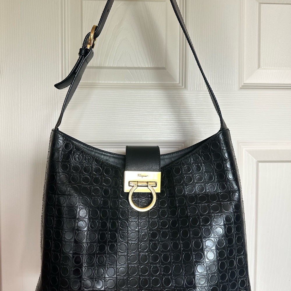 Salvatore Ferragamo Black Leather Shoulder Bag Vintage Rare Find!